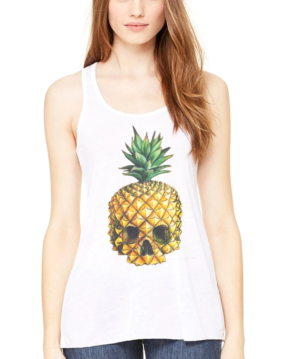 Clementine Women's Petite Plus Pineapple Skull Printed Flowy Racerback Tank