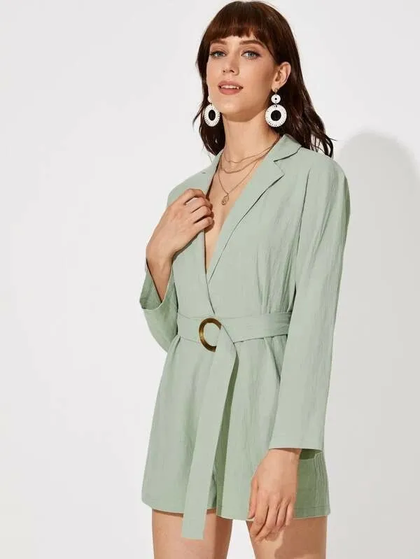 CM-JS106551 Women Casual Seoul Style Notched Collar Long Sleeve Belted Shirt Romper - Green