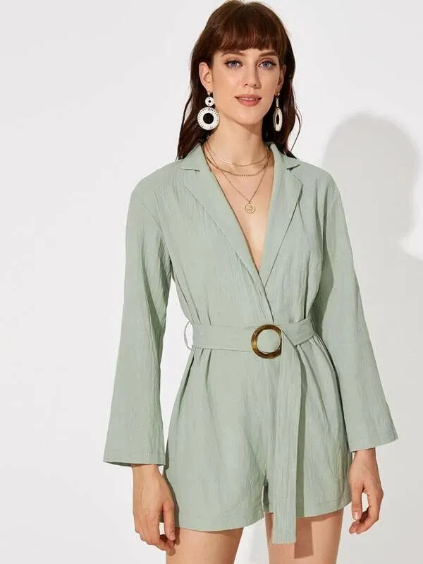CM-JS106551 Women Casual Seoul Style Notched Collar Long Sleeve Belted Shirt Romper - Green