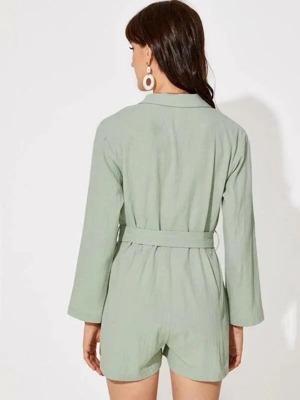 CM-JS106551 Women Casual Seoul Style Notched Collar Long Sleeve Belted Shirt Romper - Green