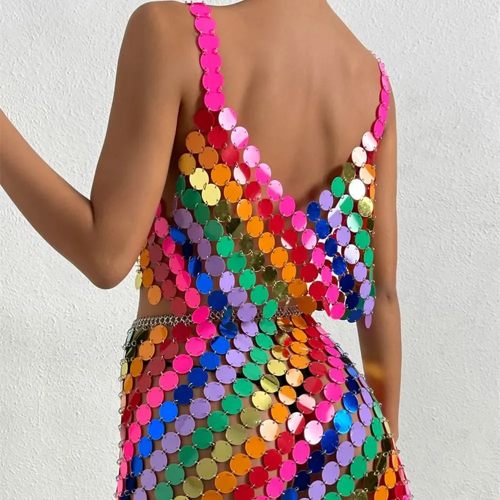 Colorful Glitter Sequins Camisole with Hollow Out Skirt Bikini Bra Chain | 2025 Summer Nightclub Party Jewelry