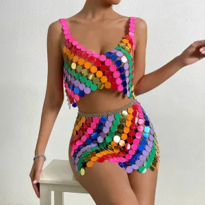 Colorful Glitter Sequins Camisole with Hollow Out Skirt Bikini Bra Chain | 2025 Summer Nightclub Party Jewelry