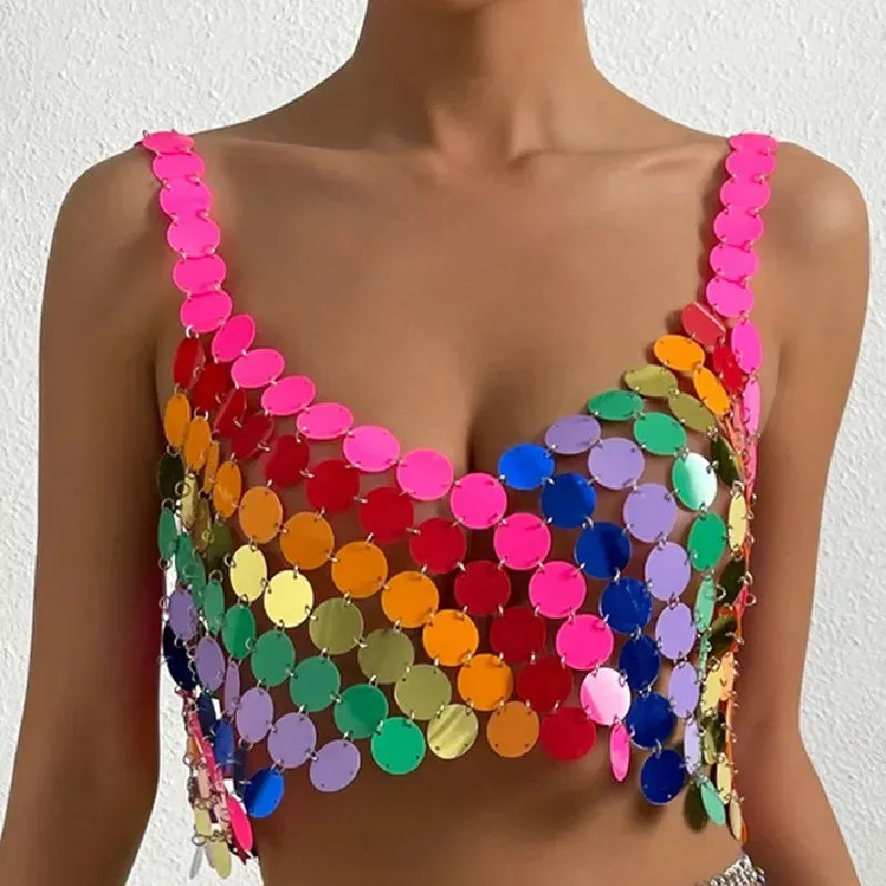 Colorful Glitter Sequins Camisole with Hollow Out Skirt Bikini Bra Chain | 2025 Summer Nightclub Party Jewelry
