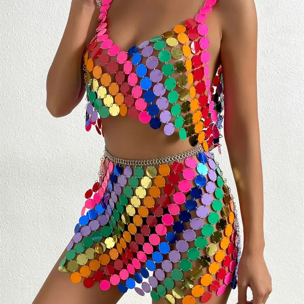Colorful Glitter Sequins Camisole with Hollow Out Skirt Bikini Bra Chain | 2025 Summer Nightclub Party Jewelry