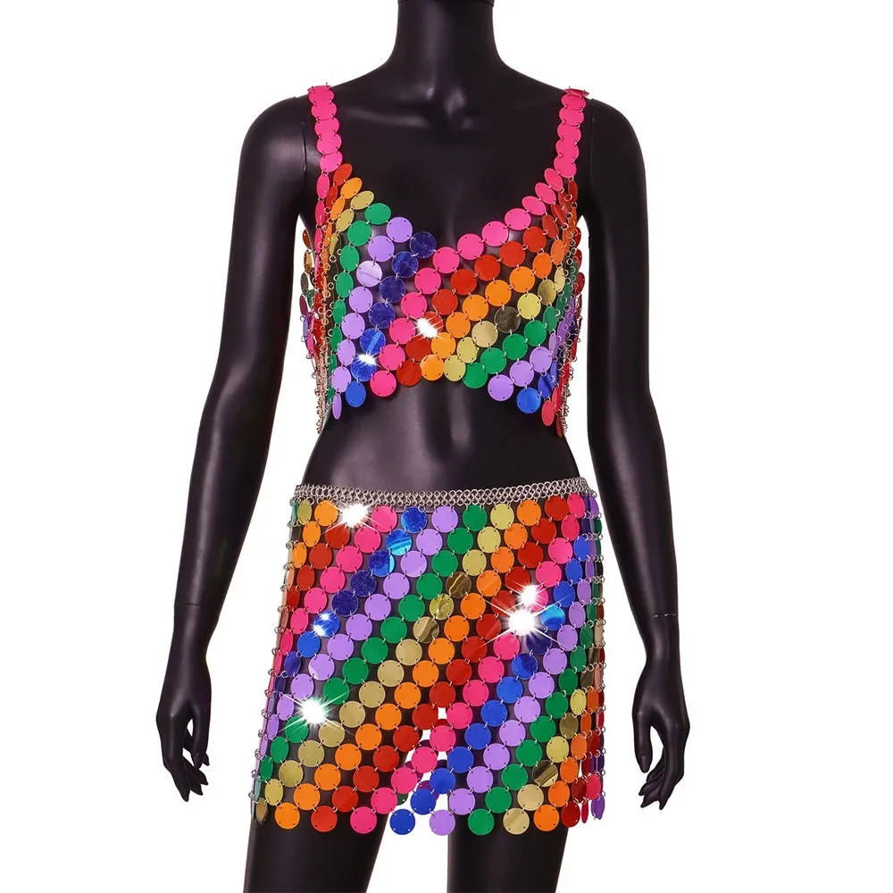 Colorful Glitter Sequins Camisole with Hollow Out Skirt Bikini Bra Chain | 2025 Summer Nightclub Party Jewelry
