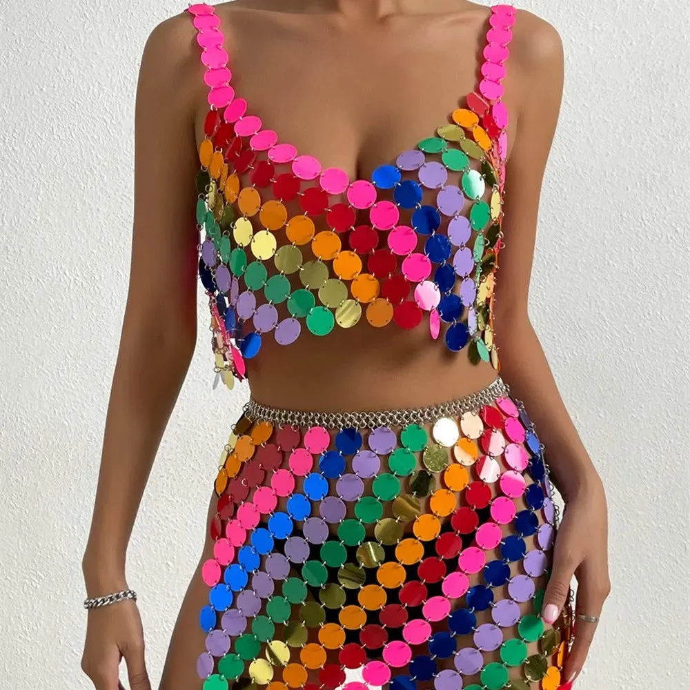 Colorful Glitter Sequins Camisole with Hollow Out Skirt Bikini Bra Chain | 2025 Summer Nightclub Party Jewelry