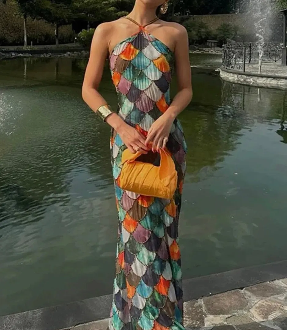 Colorful Printed Halter Maxi Dress