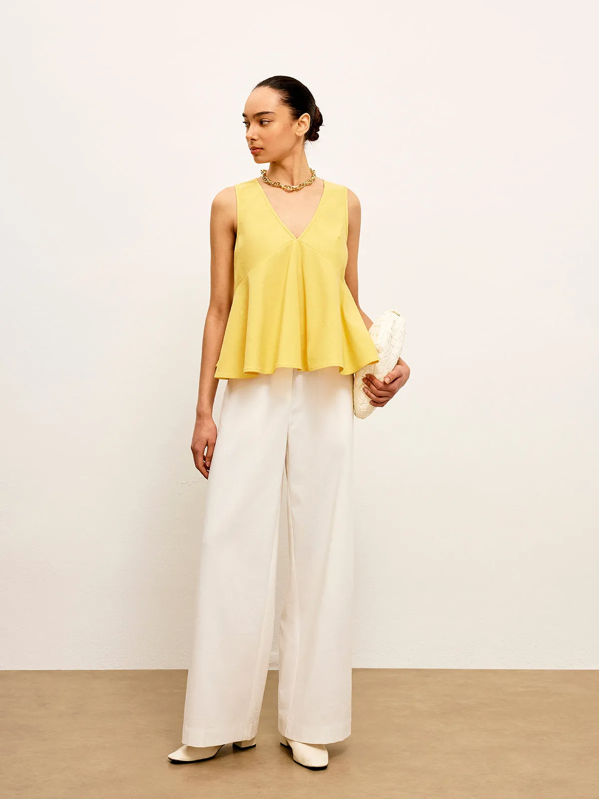 Cotton & Linen V-Neck Peplum Top
