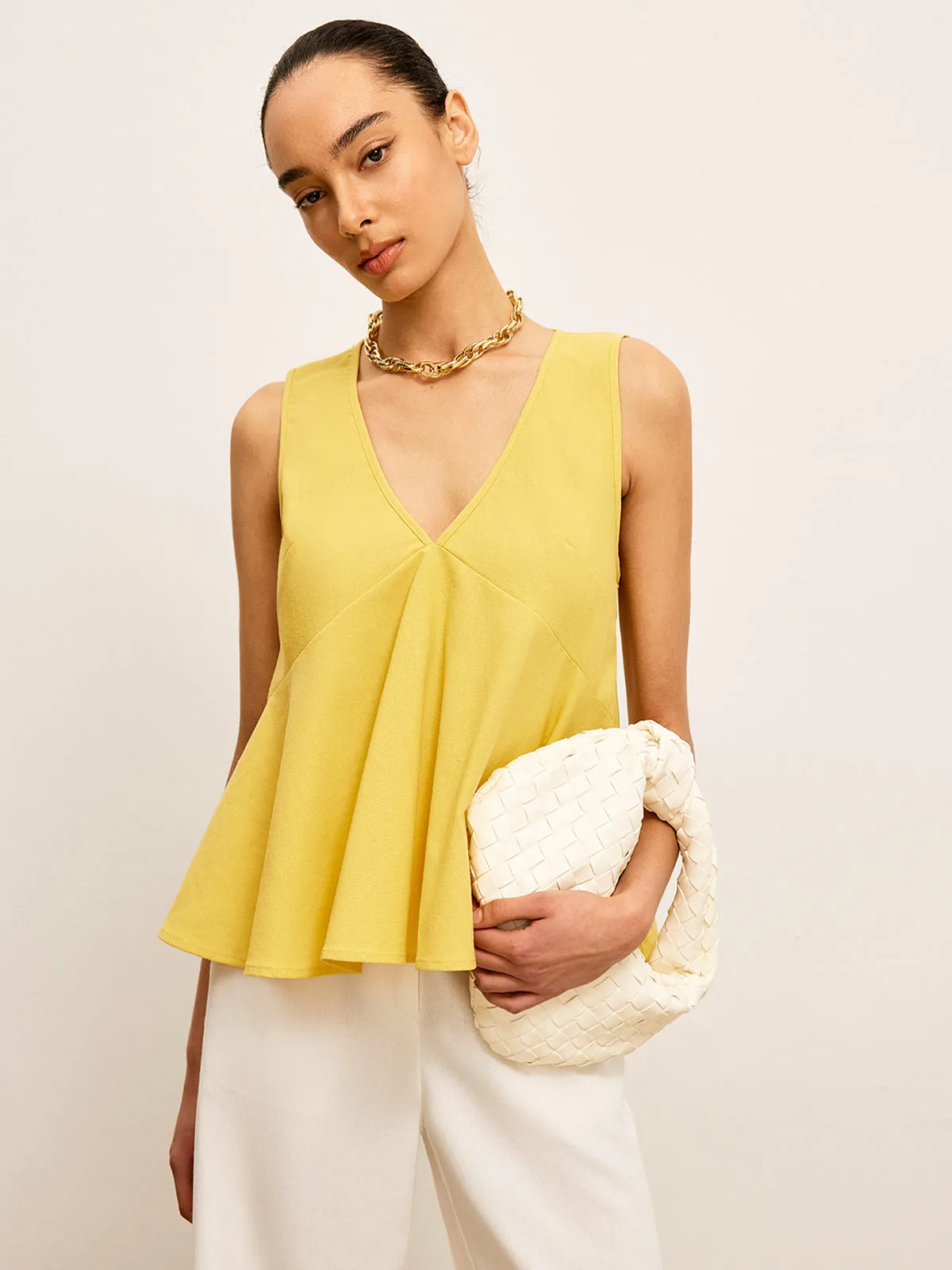 Cotton & Linen V-Neck Peplum Top