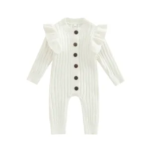 Cotton Knitted Baby Romper with Long Sleeves and Ruffles - White