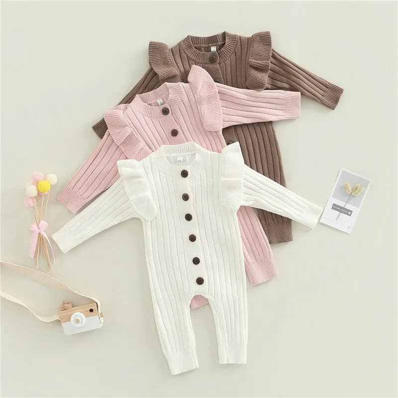 Cotton Knitted Baby Romper with Long Sleeves and Ruffles - White