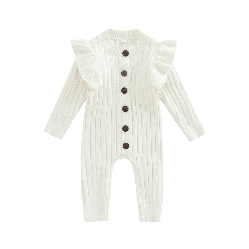 Cotton Knitted Baby Romper with Long Sleeves and Ruffles - White