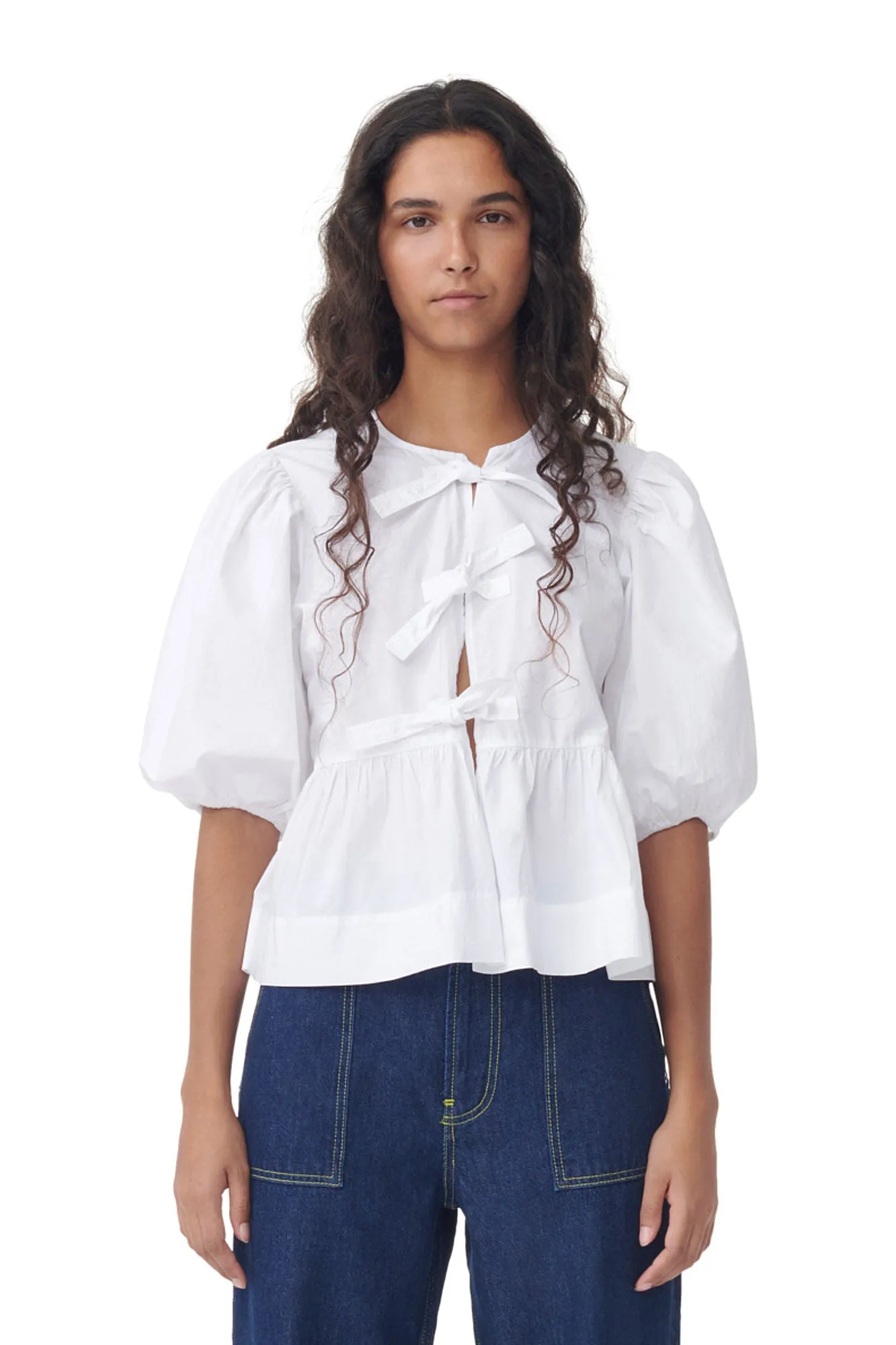Cotton Poplin Tie Blouse