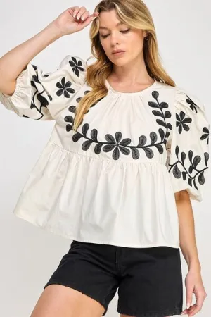 Cream Color Puff-Sleeve Embroidered Peplum Blouse