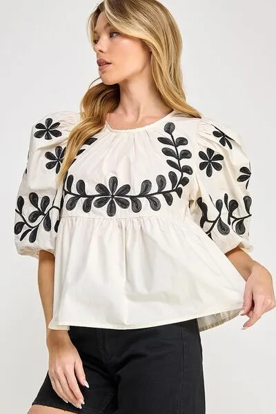 Cream Color Puff-Sleeve Embroidered Peplum Blouse