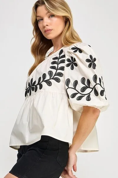 Cream Color Puff-Sleeve Embroidered Peplum Blouse