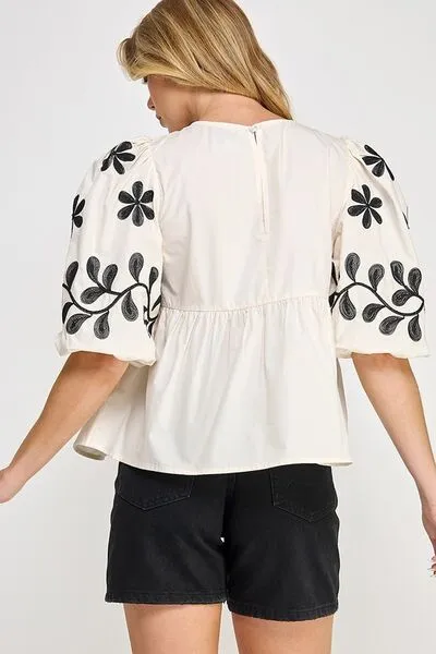 Cream Color Puff-Sleeve Embroidered Peplum Blouse
