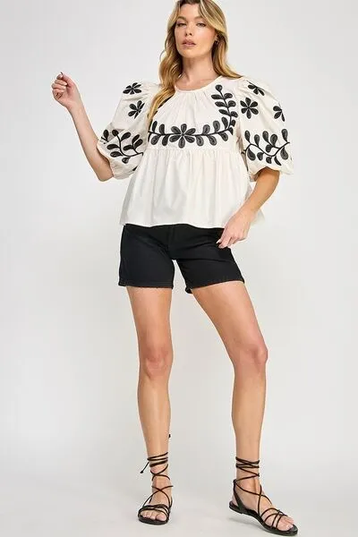 Cream Color Puff-Sleeve Embroidered Peplum Blouse