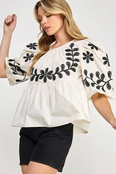Cream Color Puff-Sleeve Embroidered Peplum Blouse