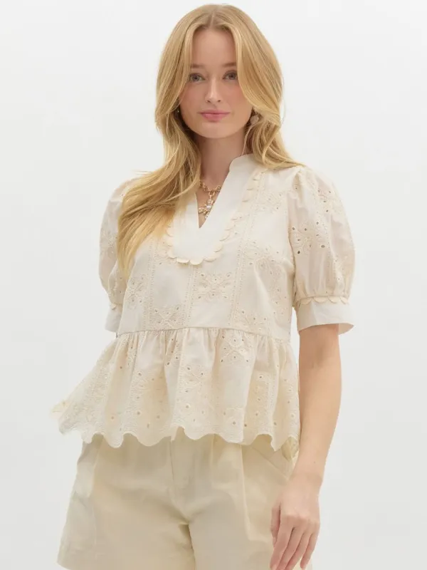 Cream Eyelet Peplum Top