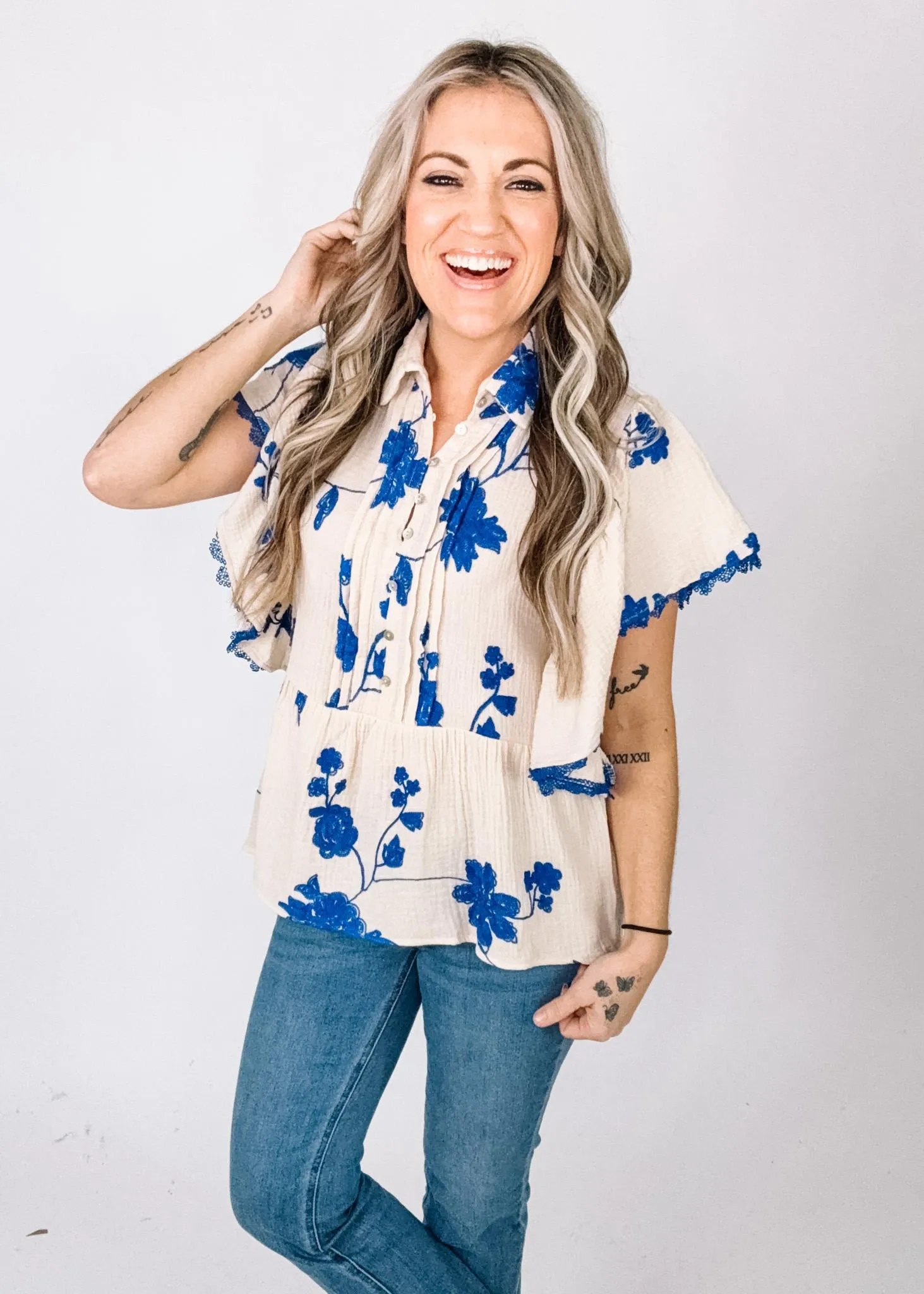 Cream Gauze Babydoll with Blue Embroidery