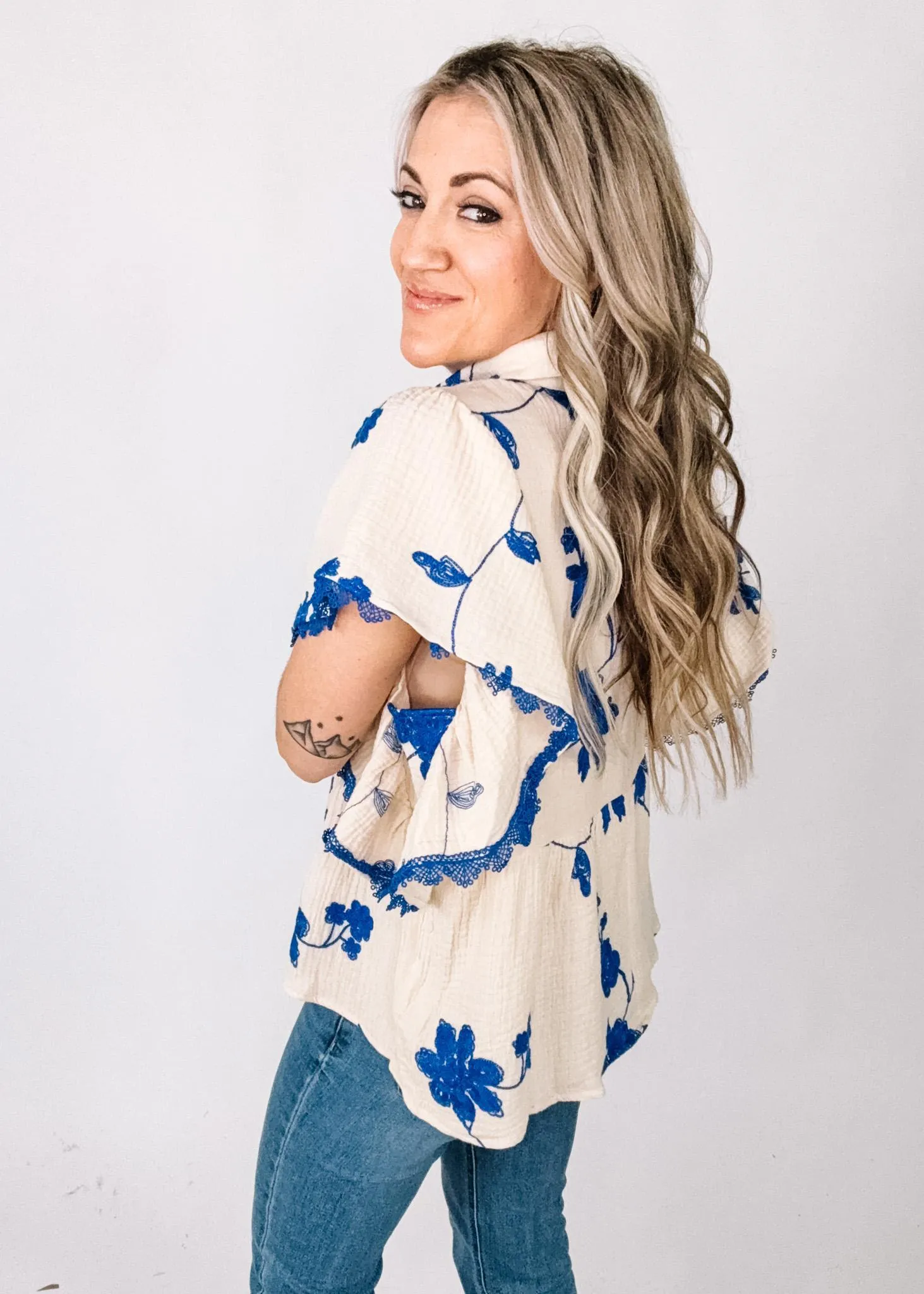 Cream Gauze Babydoll with Blue Embroidery