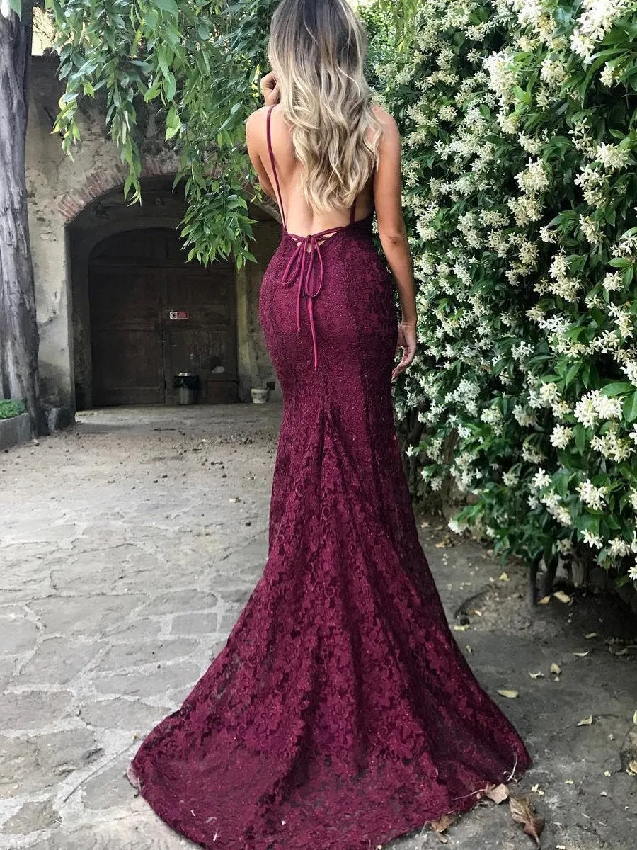 Custom Made Backless Mermaid Maroon/Burgundy Lace Prom Dress with Spaghetti Straps, Maroon Formal Dress, Burgundy Bridesmaid Dress