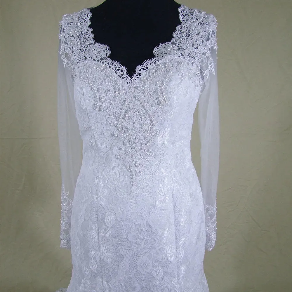 Customized Long Sleeves Vestido De Noiva Pearls Beaded Mermaid Wedding Dresses Lace See Through Back Bridal Gown