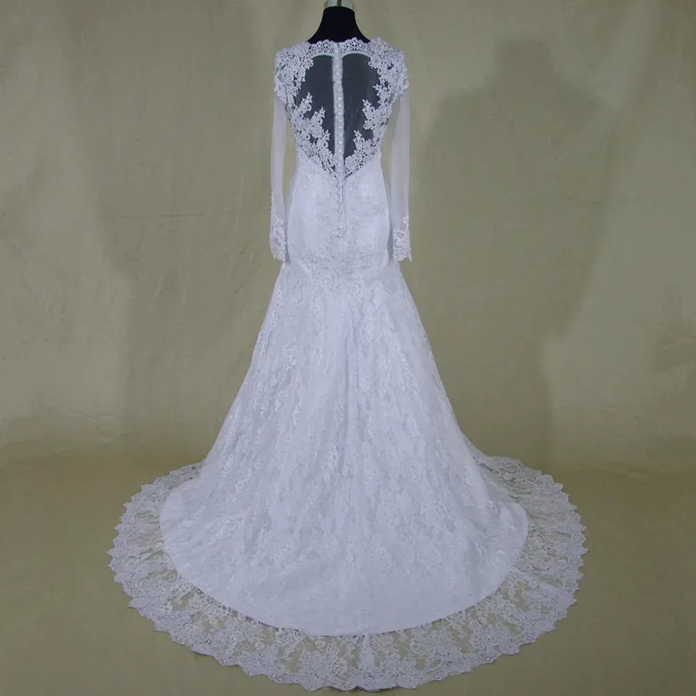 Customized Long Sleeves Vestido De Noiva Pearls Beaded Mermaid Wedding Dresses Lace See Through Back Bridal Gown