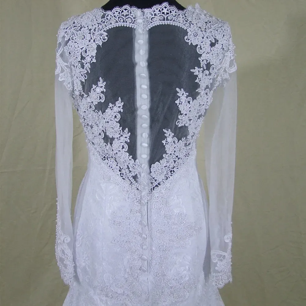 Customized Long Sleeves Vestido De Noiva Pearls Beaded Mermaid Wedding Dresses Lace See Through Back Bridal Gown