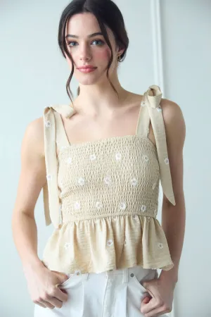 Daisy Embroidered Smocked Tank Top