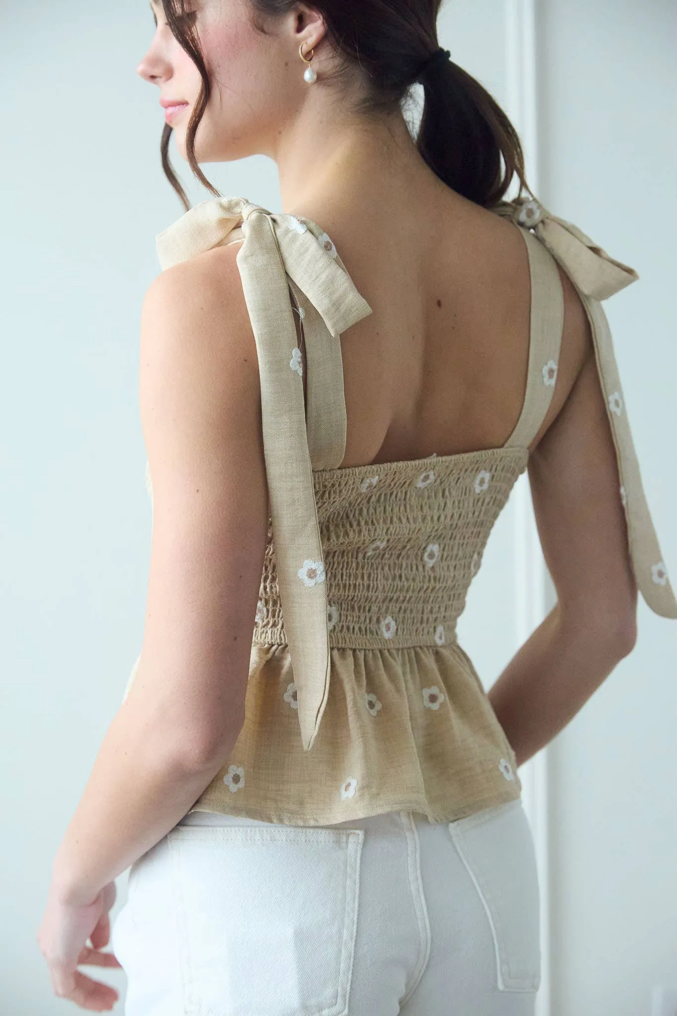 Daisy Embroidered Smocked Tank Top