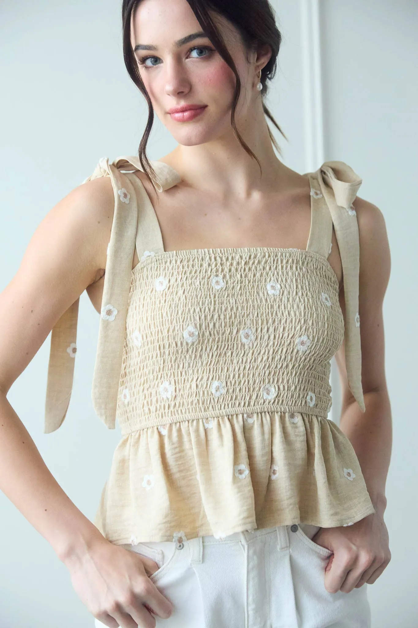 Daisy Embroidered Smocked Tank Top