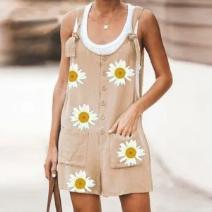 Daisy Print Jumpsuit Women Summer V-neck Button Cotton Linen Playsuit