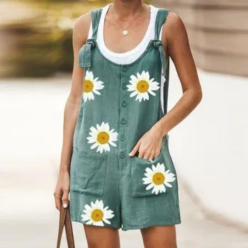 Daisy Print Jumpsuit Women Summer V-neck Button Cotton Linen Playsuit