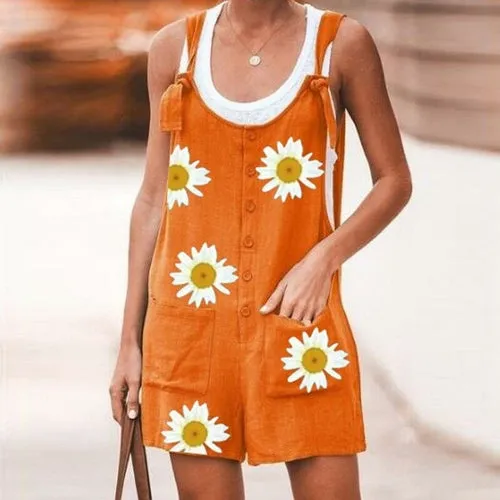 Daisy Print Jumpsuit Women Summer V-neck Button Cotton Linen Playsuit