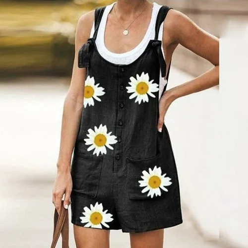 Daisy Print Jumpsuit Women Summer V-neck Button Cotton Linen Playsuit