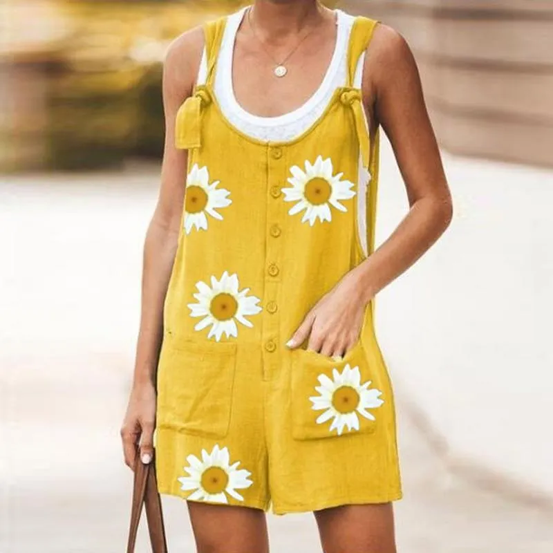 Daisy Print Jumpsuit Women Summer V-neck Button Cotton Linen Playsuit