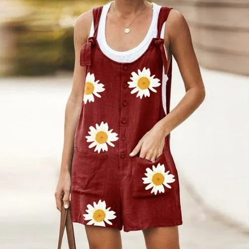 Daisy Print Jumpsuit Women Summer V-neck Button Cotton Linen Playsuit