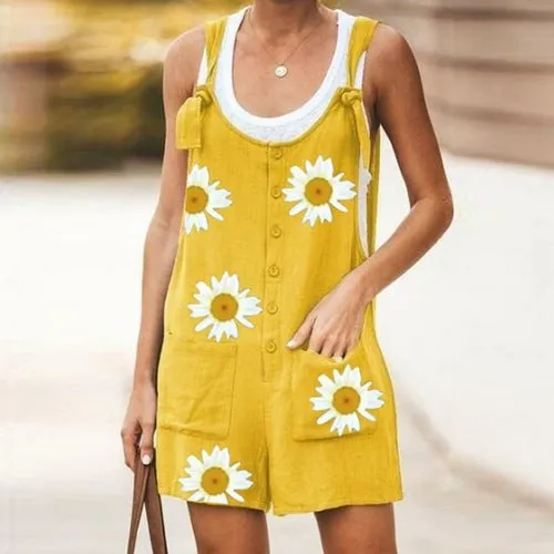 Daisy Print Jumpsuit Women Summer V-neck Button Cotton Linen Playsuit