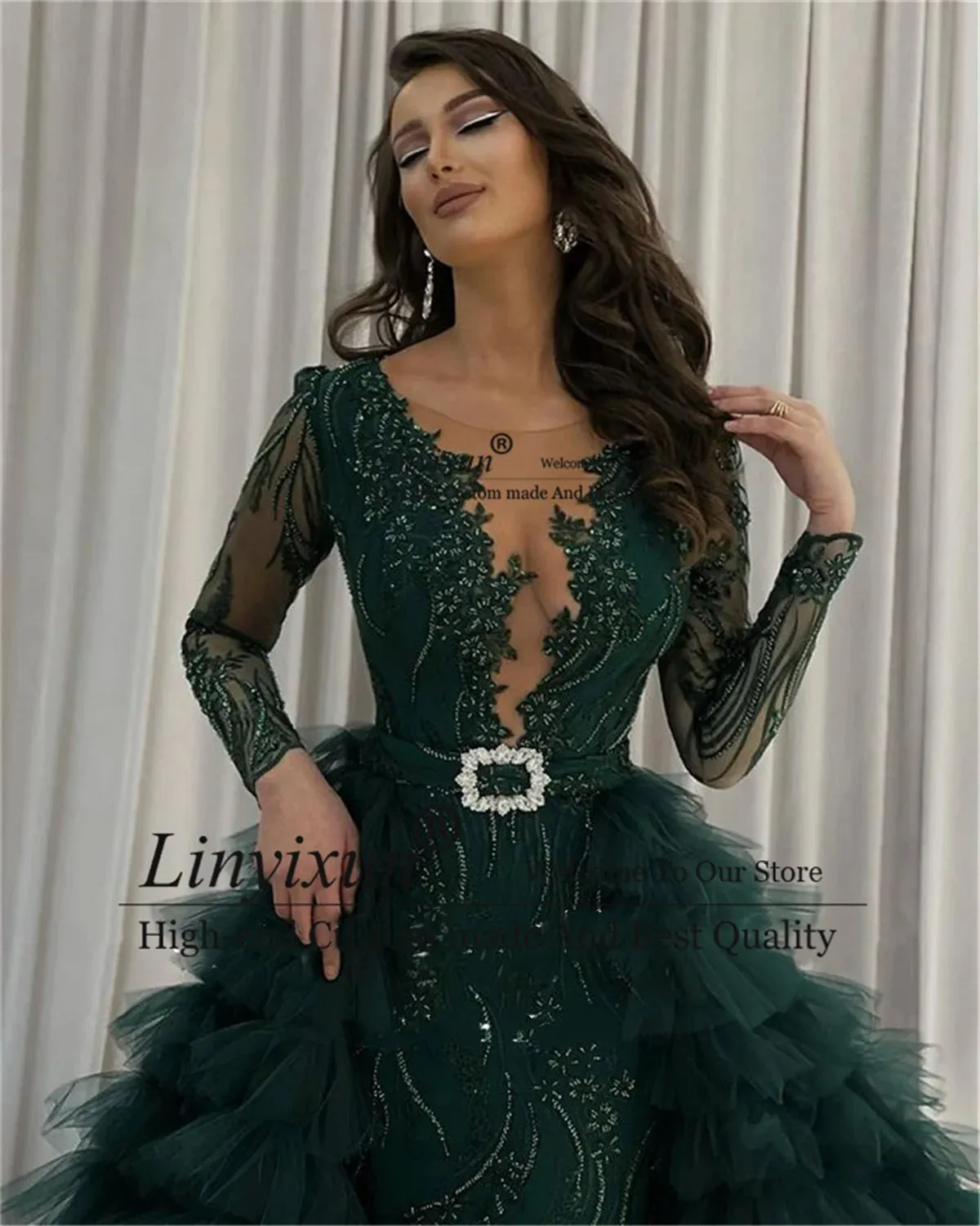 Dark Green Lace Mermaid Prom Dress