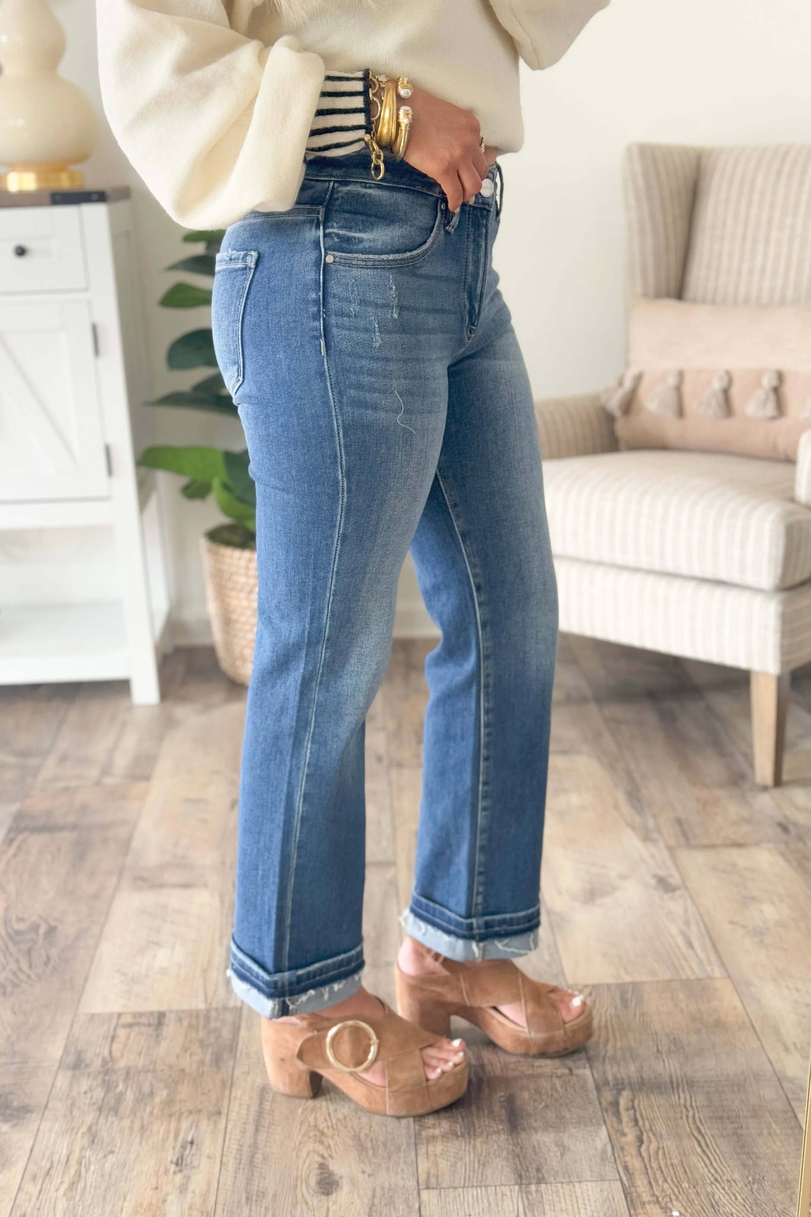 Dark Mid-Rise Ankle Cuff Jeans