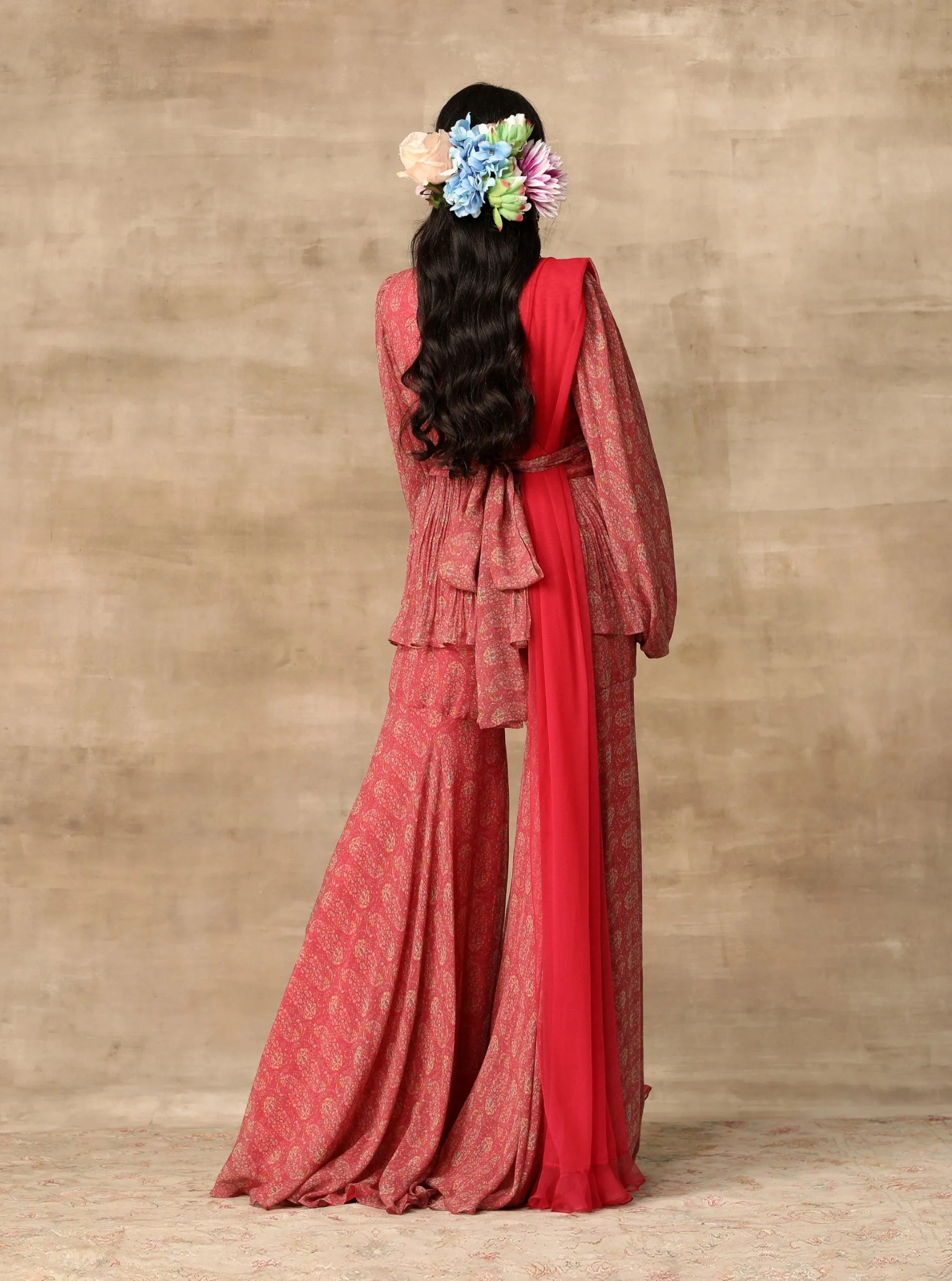 Deep Coral Peplum And Gharara Set