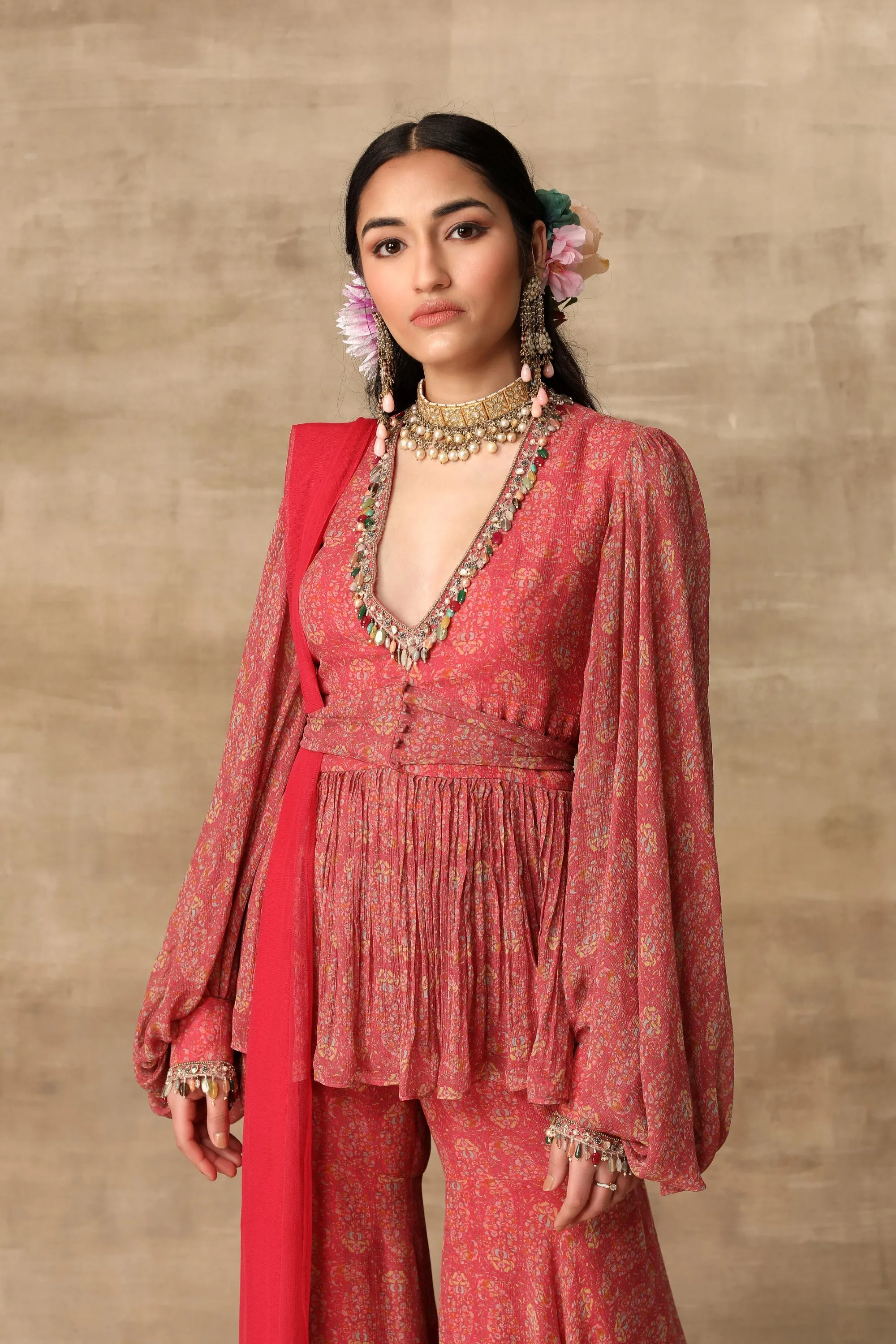 Deep Coral Peplum And Gharara Set