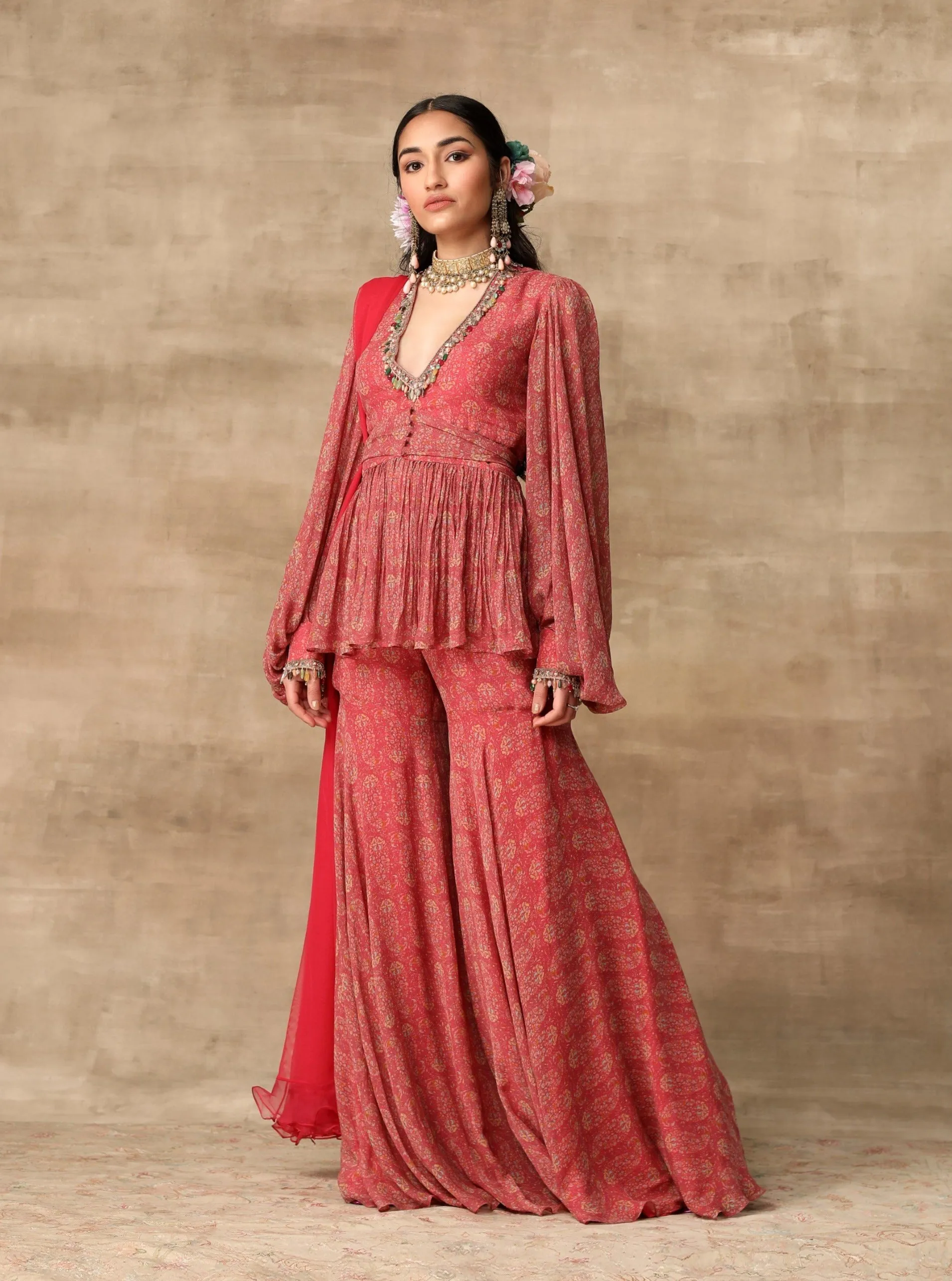 Deep Coral Peplum And Gharara Set