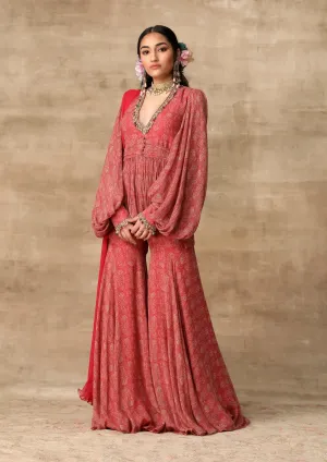 Deep Coral Peplum And Gharara Set
