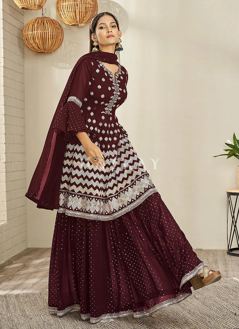 Deep Maroon Traditional Embroidered Peplum Anarkali Lehenga