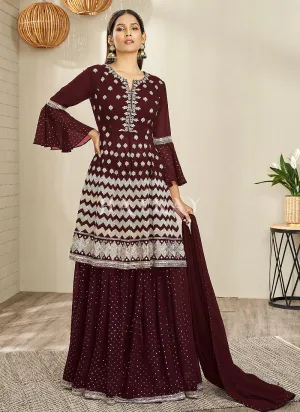 Deep Maroon Traditional Embroidered Peplum Anarkali Lehenga