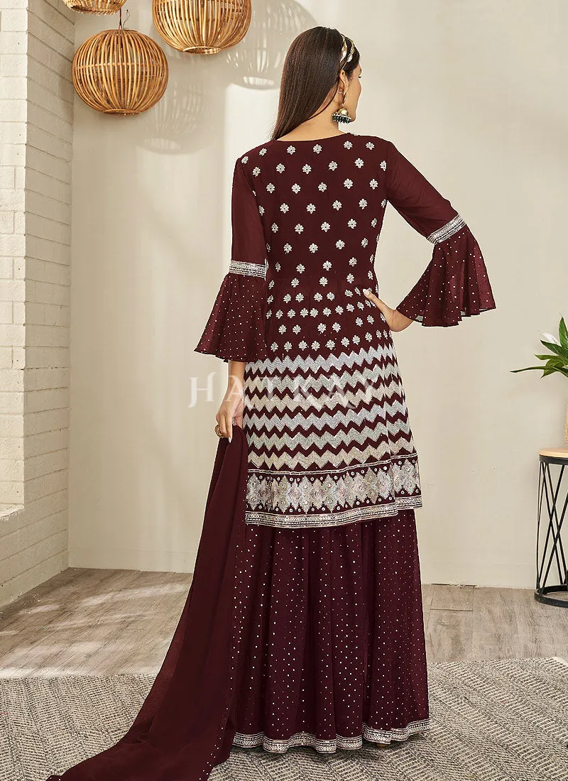 Deep Maroon Traditional Embroidered Peplum Anarkali Lehenga