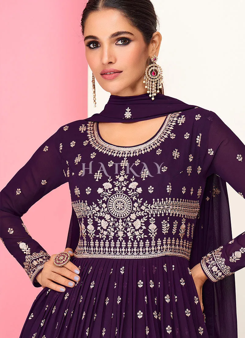 Deep Purple Embroidered Peplum Style Georgette Anarkali Lehenga